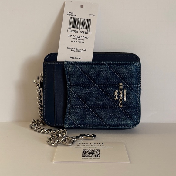 ☀️Coach Denim Quilted Zip Card Case With Chain - Picture 7 of 9